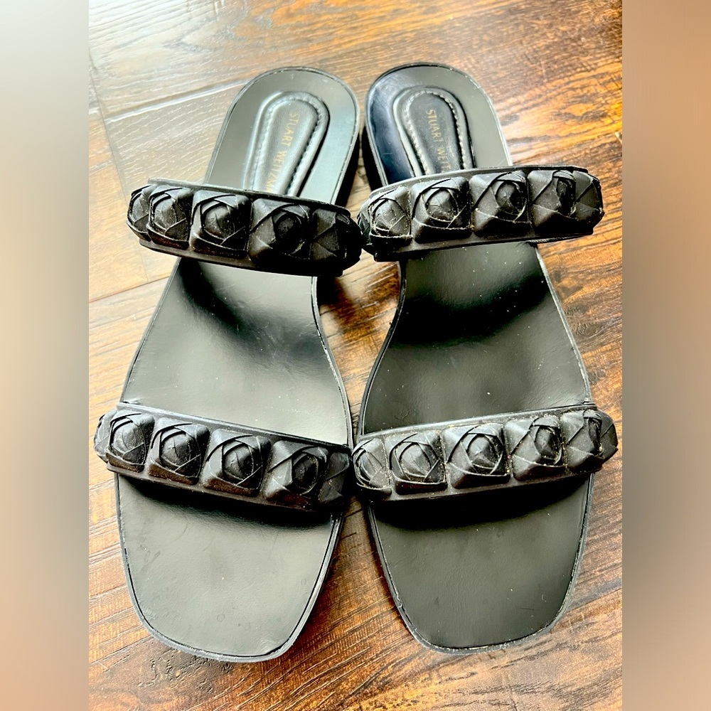 Stuart Weitzman Rosita Black Rubber Two Strap Sandals Flats‎ shoes Size 8 8.5